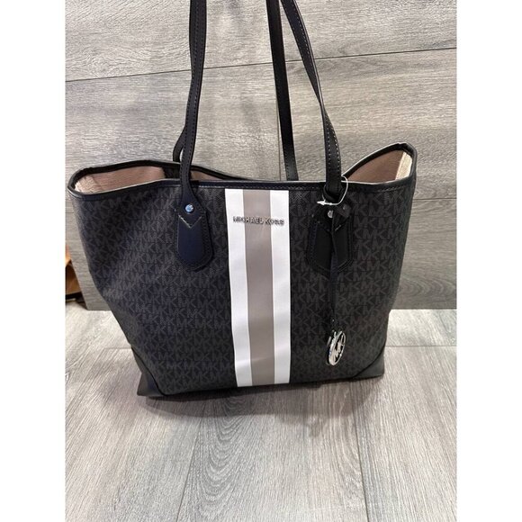 Michael Kors Eva Large Logo Stripe Tote Bag in Black White - Picture 8 of 16